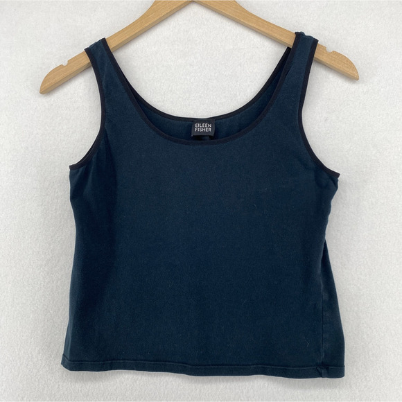 EILEEN FISHER Tank Top M Stretch Cotton Jersey Crop Scoop Neck Shell Black USA - Picture 1 of 9